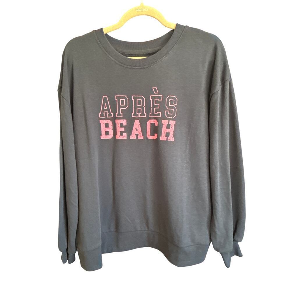 C & C CA Apres Beach lightweight sweatshirt pink distressed letters on blue NWT